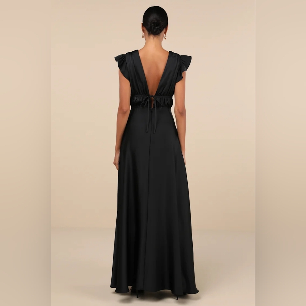NWT Lulu's I'm All Yours Black Satin Cutout Ruffled Maxi Dress - Picture 2 of 5